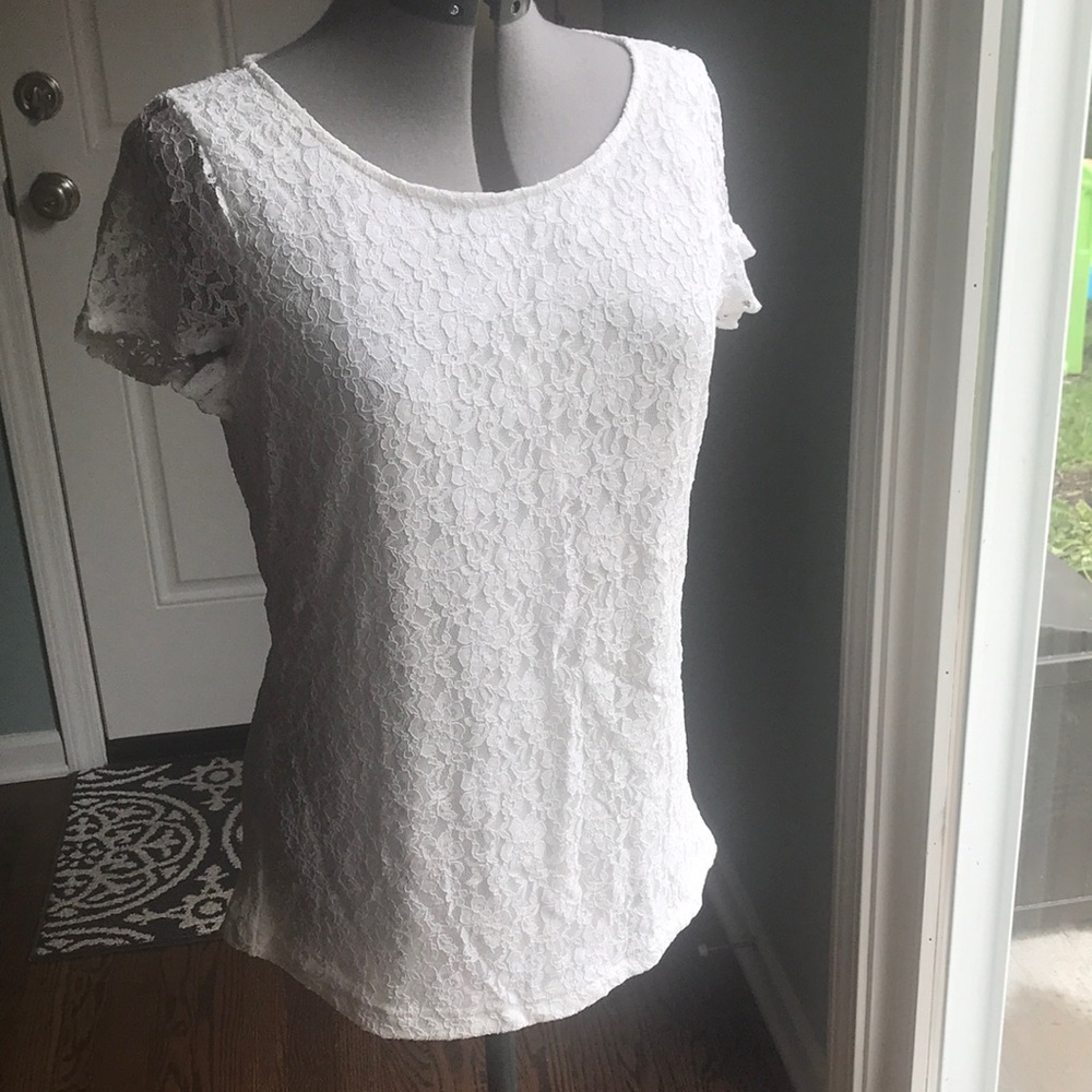 The Limited white lace top, keyhole button back